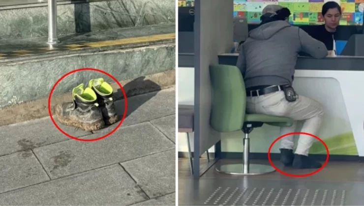 İnşaat işçisi, banka şubesine girmeden önce çamurlu ayakkabılarını çıkardı