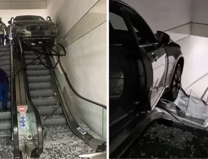 Otomobil camı kırıp alışveriş merkezine girdi, yürüyen merdivende asılı kaldı: 1’i ağır 3 yaralı