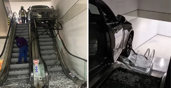 Otomobil camı kırıp alışveriş merkezine girdi, yürüyen merdivende asılı kaldı: 1’i ağır 3 yaralı